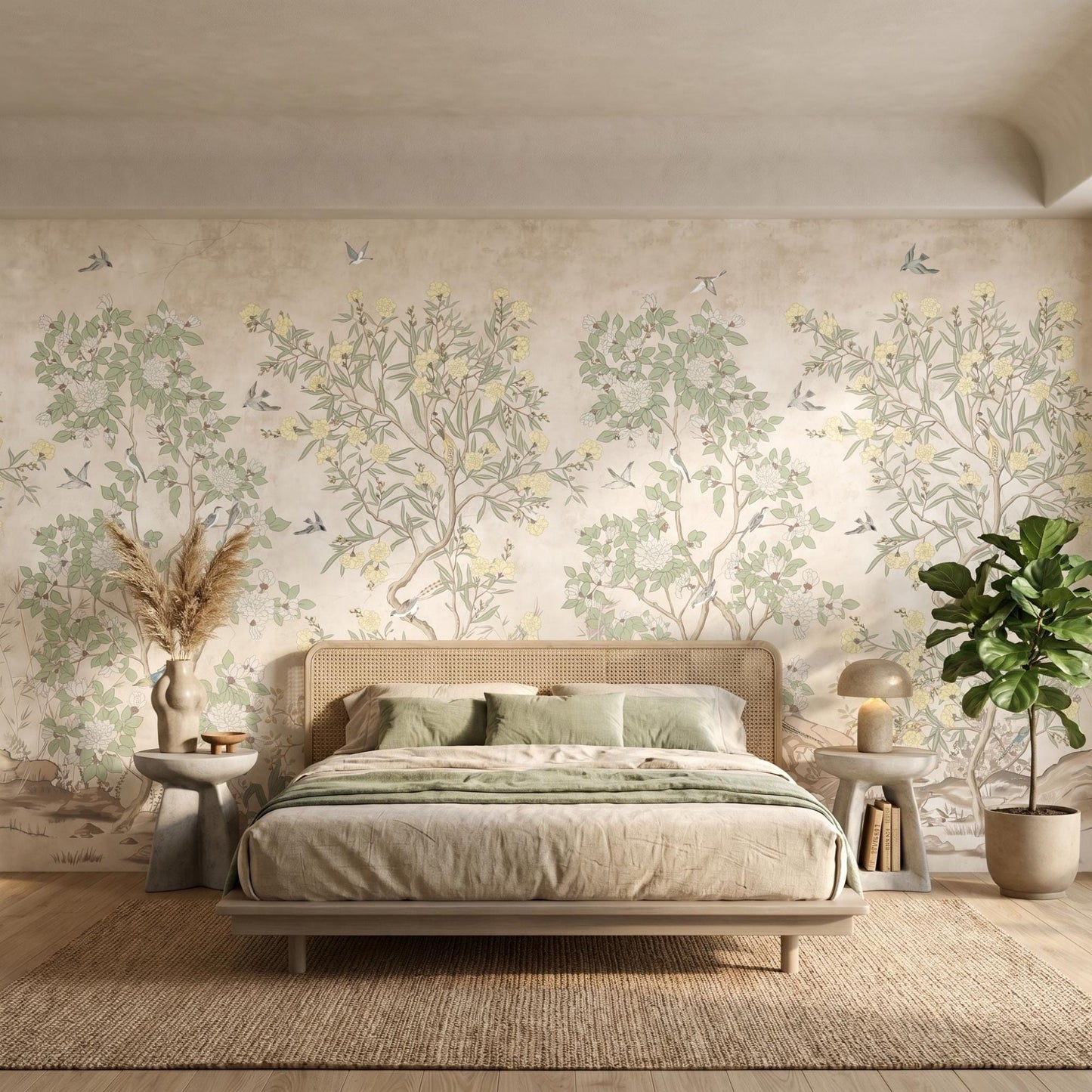 Sage Green Chinoiserie Botanical Wallpaper Mural, Vintage Nature Wall Decor-WP0011