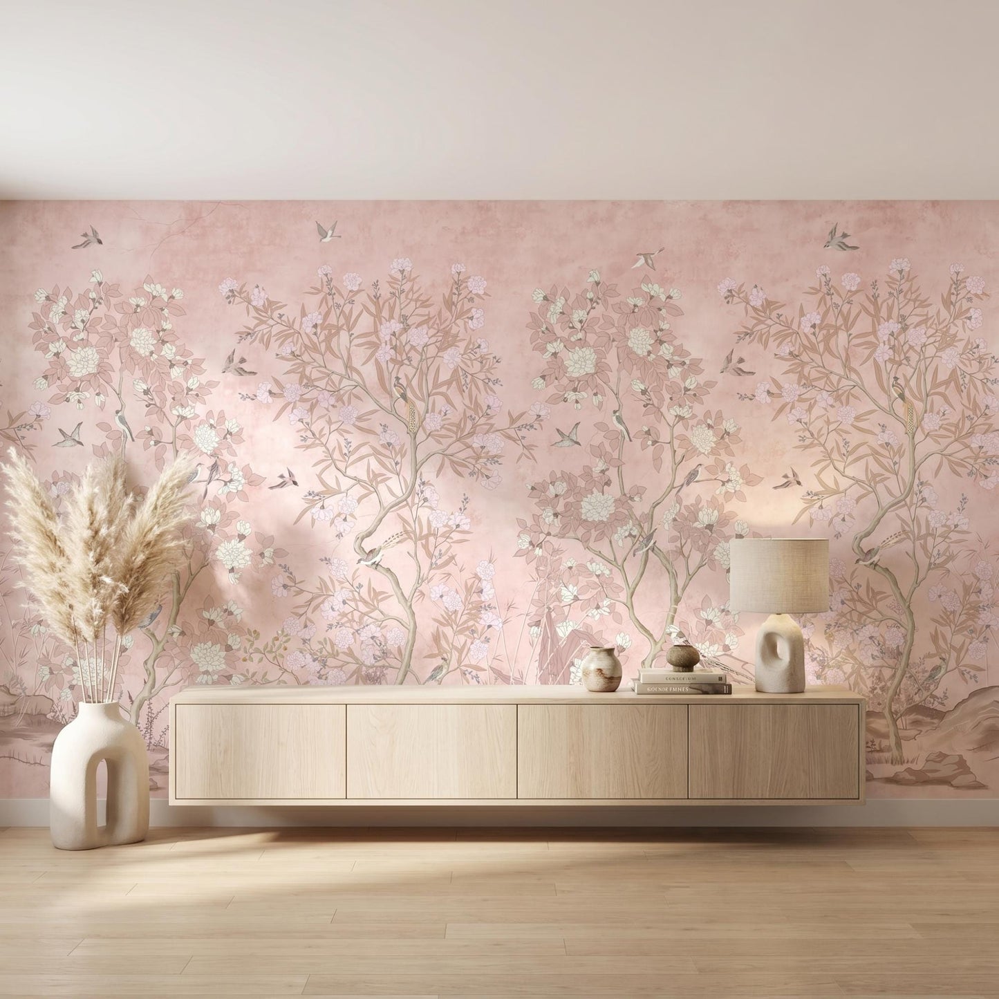 Dusty Pink Chinoiserie Floral Wallpaper Mural, Vintage Botanical Wall Decor, Boho Nursery Art-WP0008