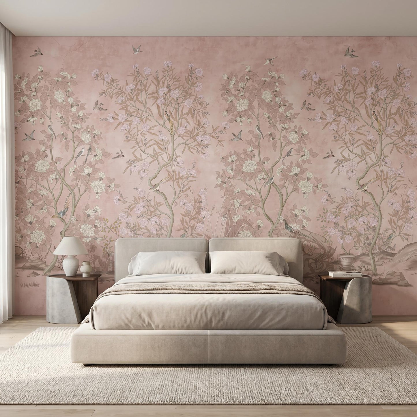 Dusty Pink Chinoiserie Floral Wallpaper Mural, Vintage Botanical Wall Decor, Boho Nursery Art-WP0008