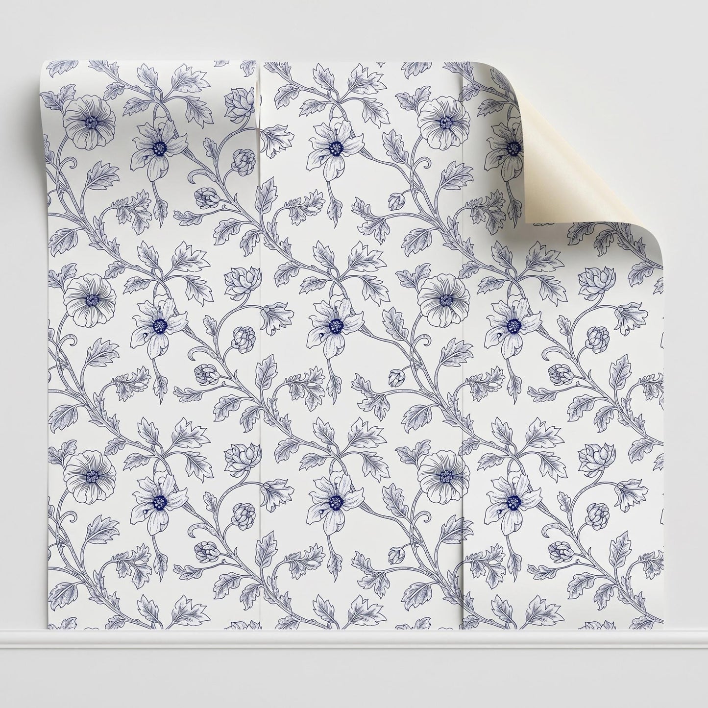 Blue Floral Toile Wallpaper, Chinoiserie Botanical Peel and Stick Wall Mural-WP0015