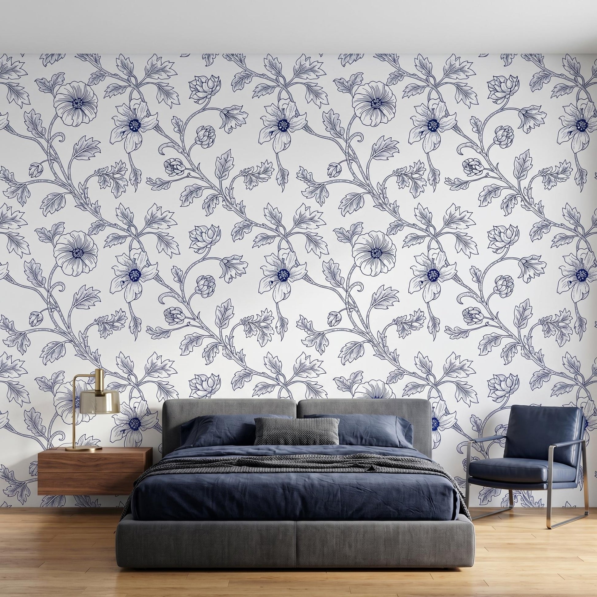 Blue Floral Toile Wallpaper, Chinoiserie Botanical Peel and Stick Wall Mural-WP0015