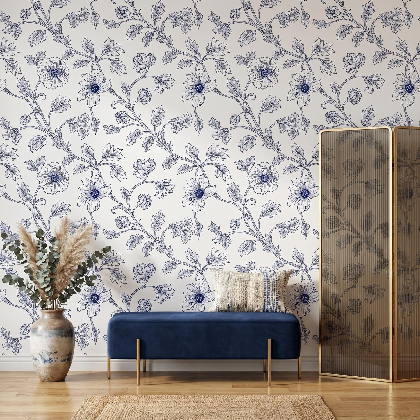 Blue Floral Toile Wallpaper, Chinoiserie Botanical Peel and Stick Wall Mural-WP0015