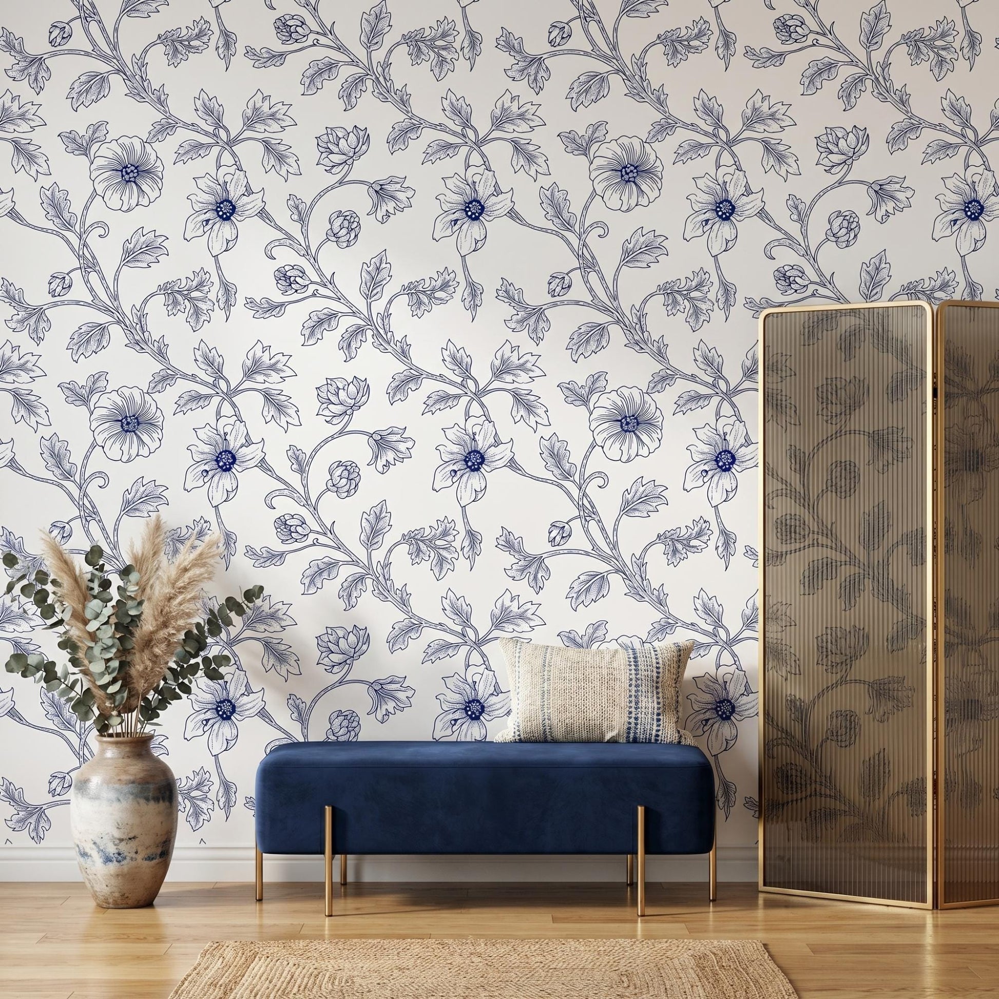 Blue Floral Toile Wallpaper, Chinoiserie Botanical Peel and Stick Wall Mural-WP0015
