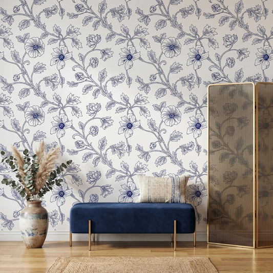 Blue Floral Toile Wallpaper, Chinoiserie Botanical Peel and Stick Wall Mural-WP0015
