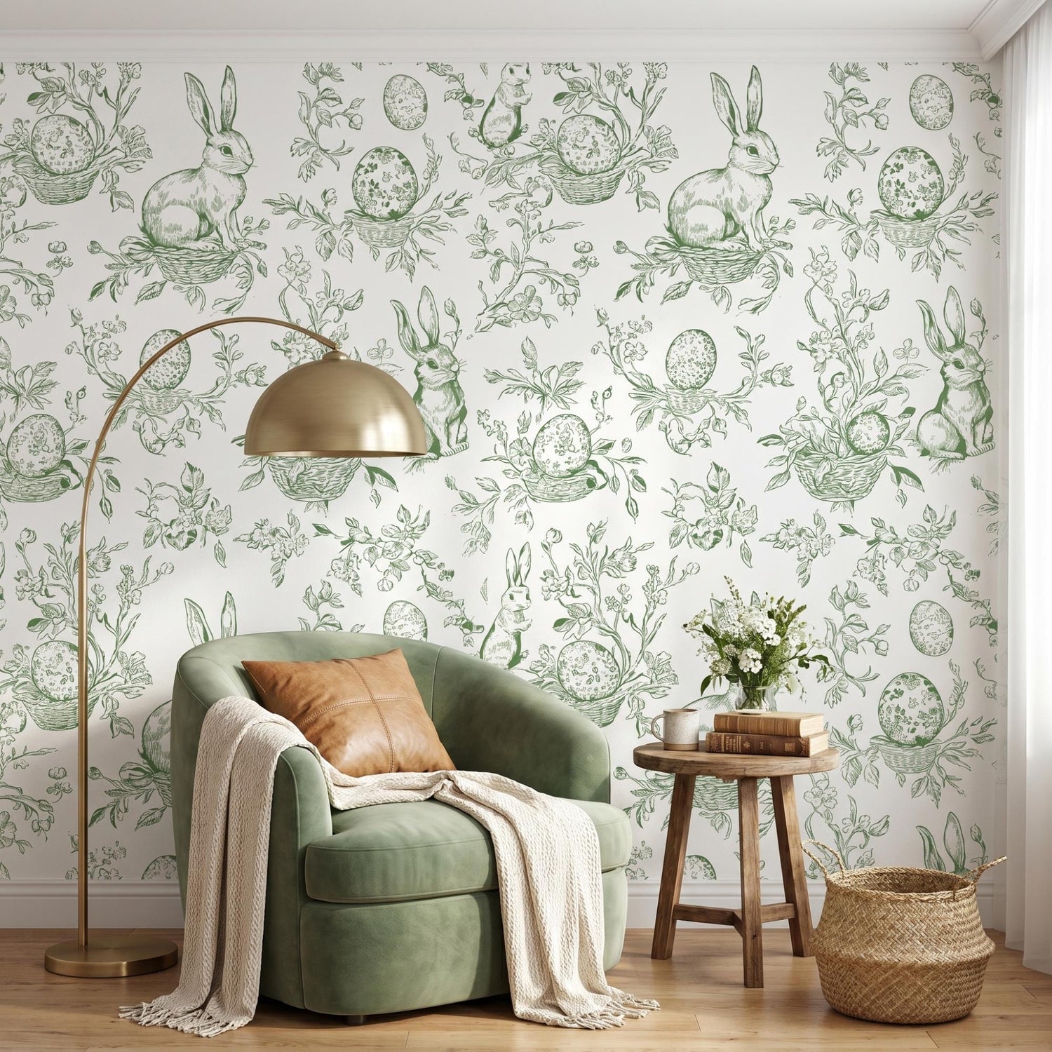 Sage Green Bunny Toile Wallpaper, Rabbit Peel and Stick, Cottagecore Nursery Wall Decor-WP0013