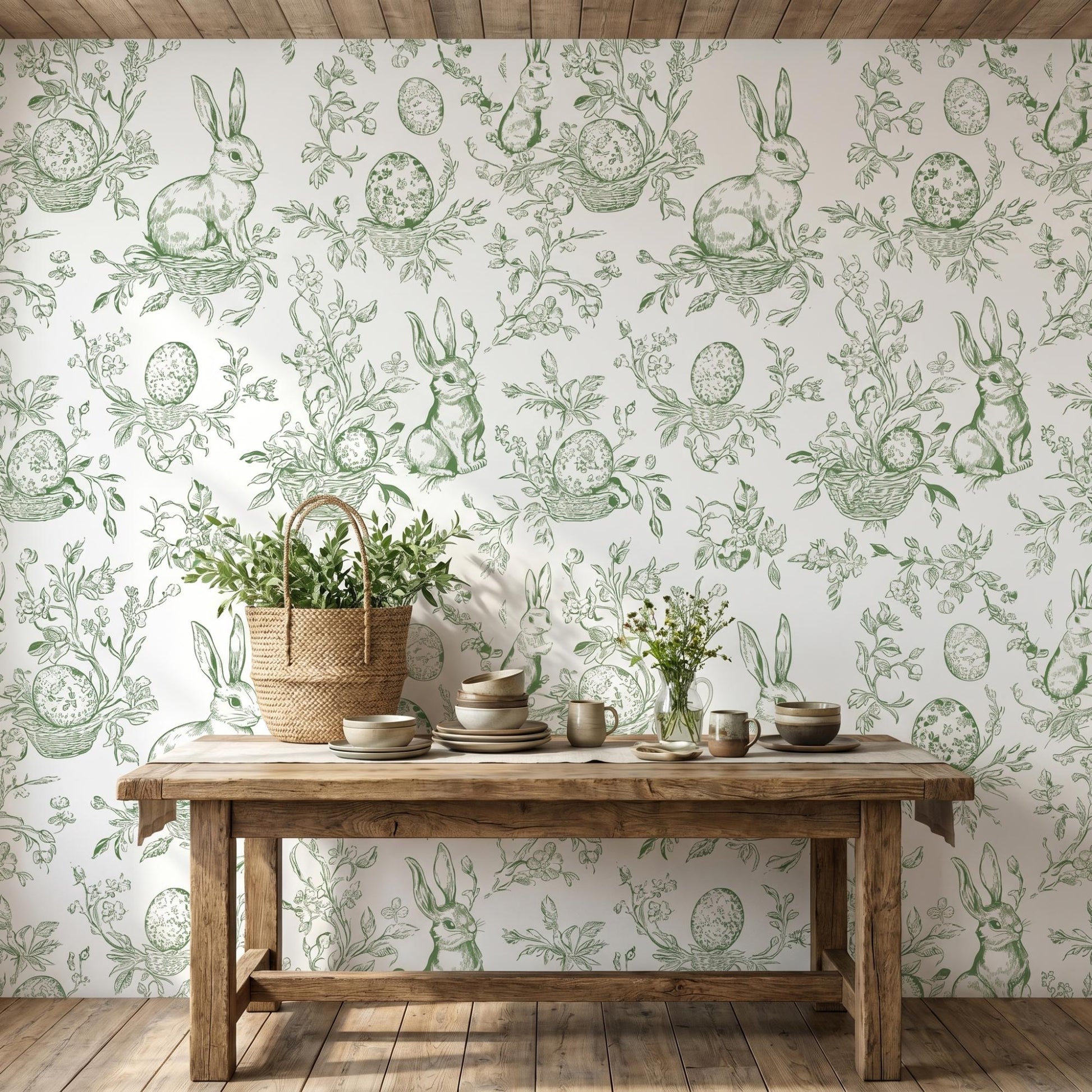 Sage Green Bunny Toile Wallpaper, Rabbit Peel and Stick, Cottagecore Nursery Wall Decor-WP0013