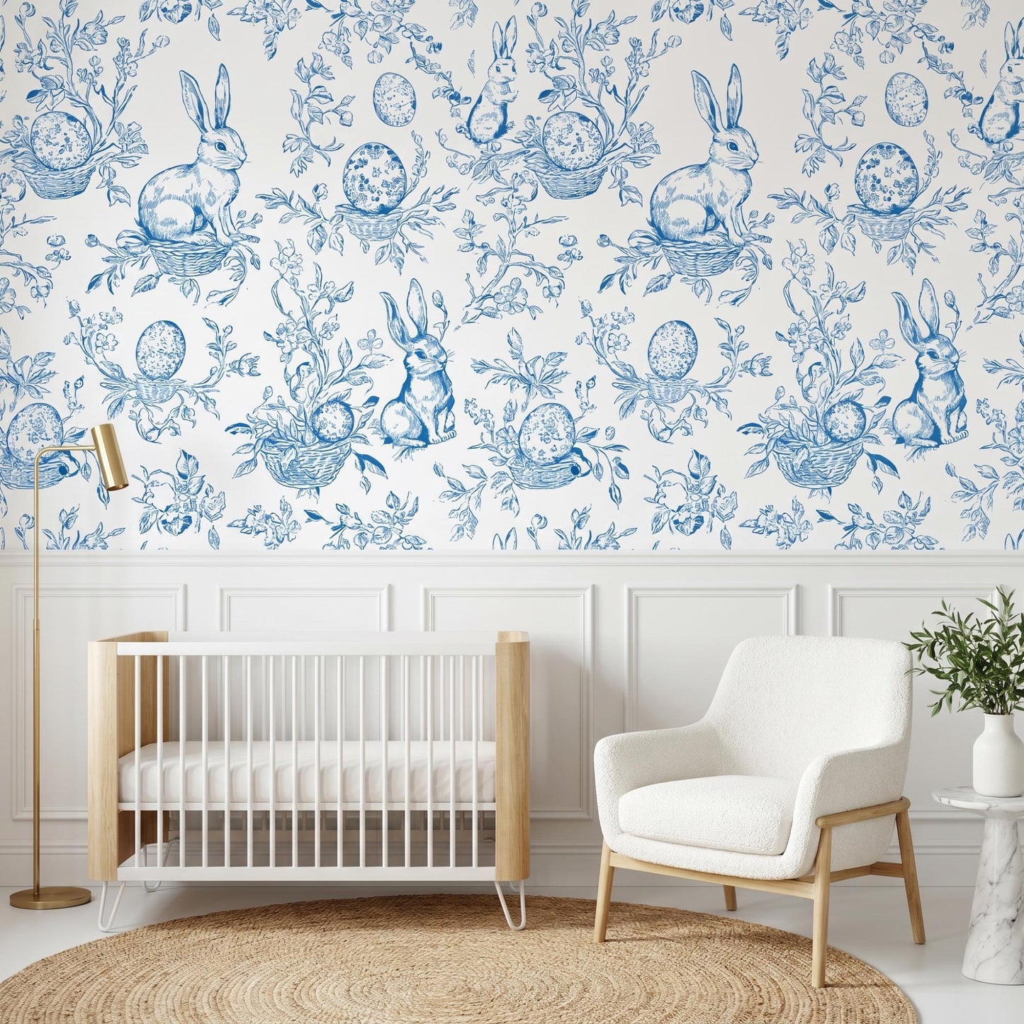 Blue Bunny Toile Wallpaper, Rabbit Peel and Stick, French Country Nursery Wall Decor-WP0012