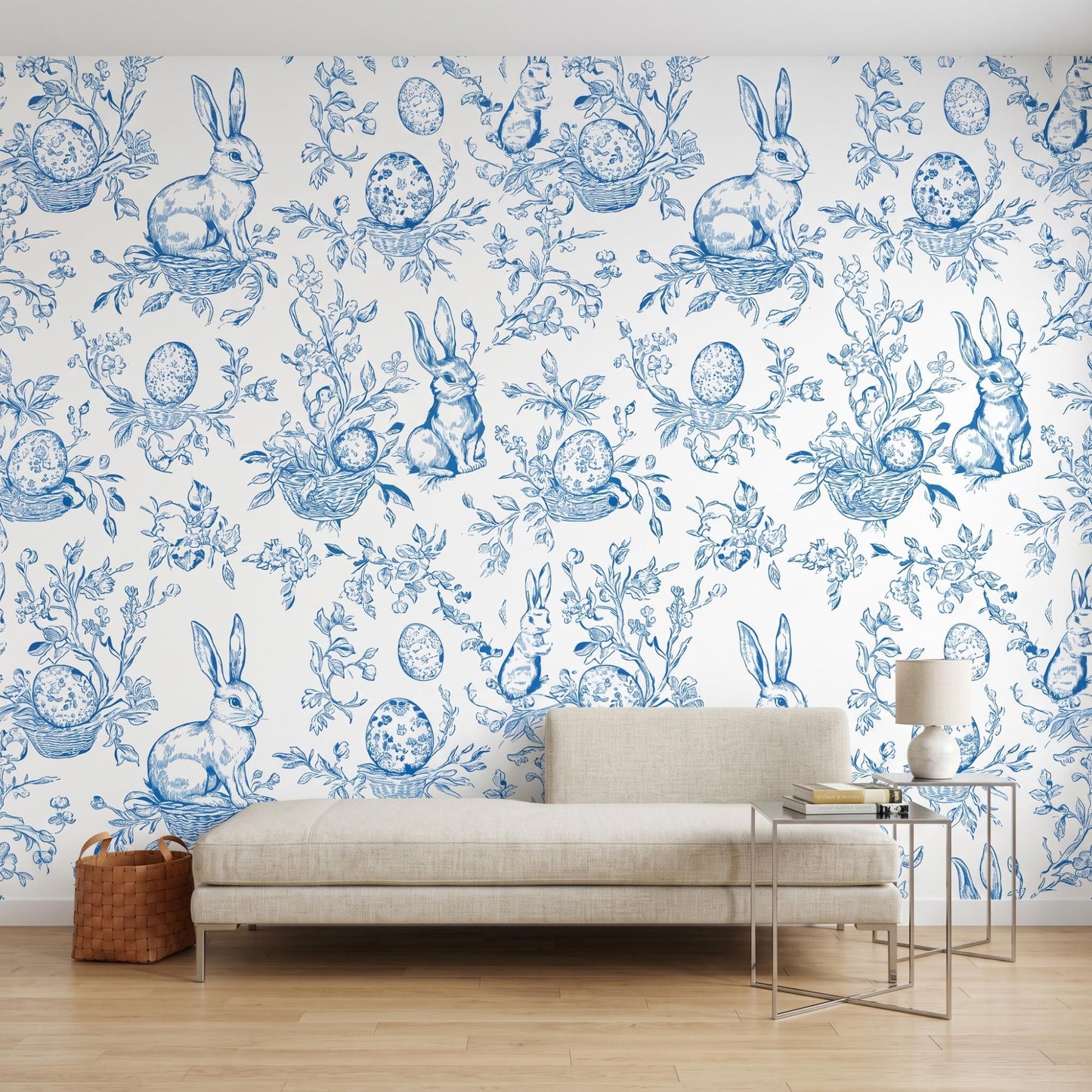 Blue Bunny Toile Wallpaper, Rabbit Peel and Stick, French Country Nursery Wall Decor-WP0012