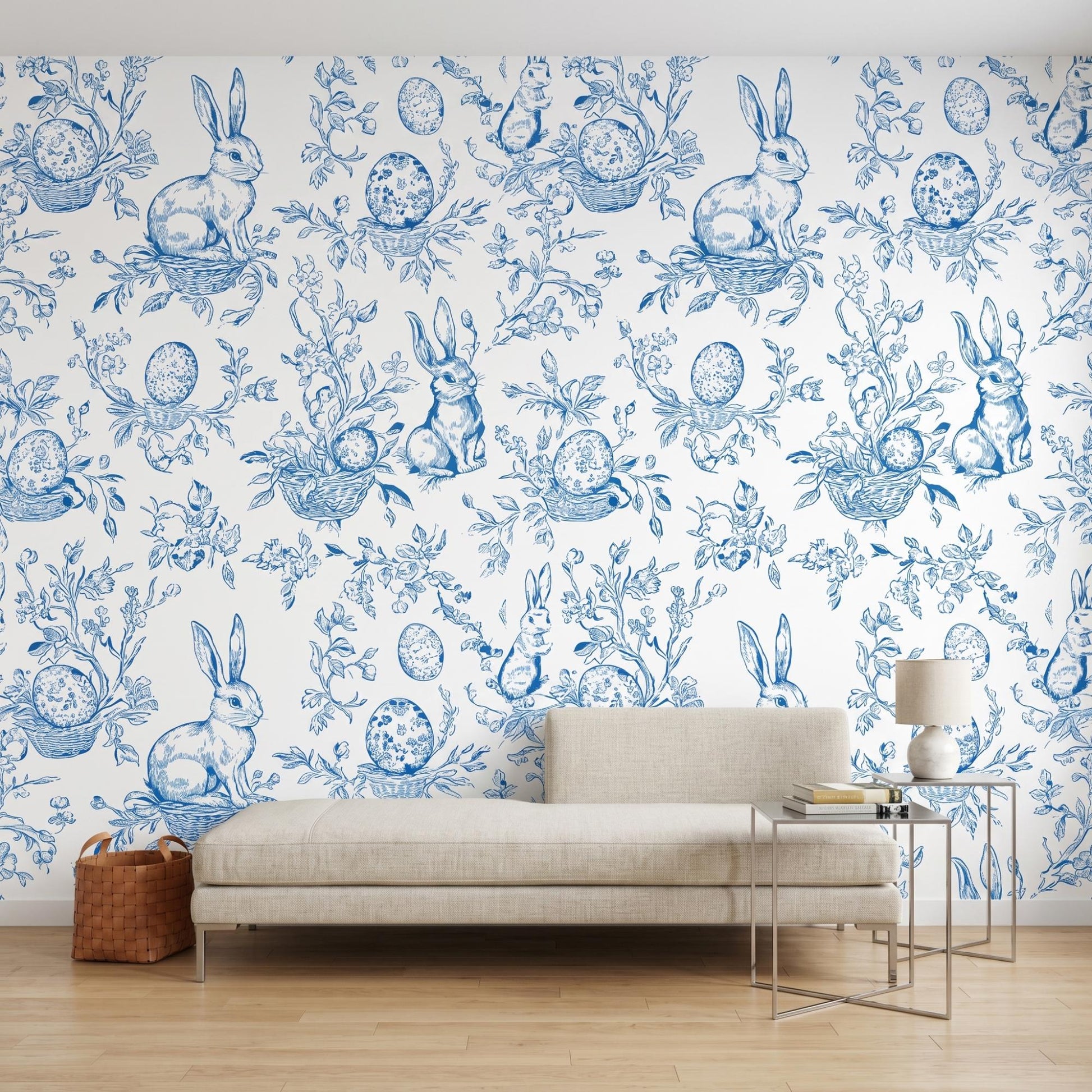 Blue Bunny Toile Wallpaper, Rabbit Peel and Stick, French Country Nursery Wall Decor-WP0012