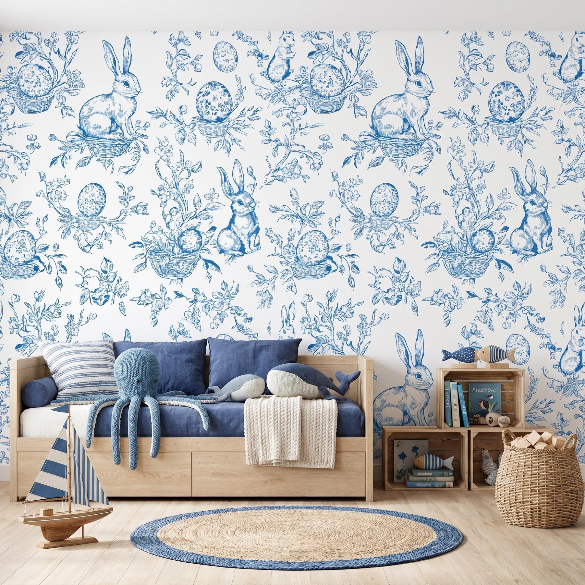 Blue Bunny Toile Wallpaper, Rabbit Peel and Stick, French Country Nursery Wall Decor-WP0012
