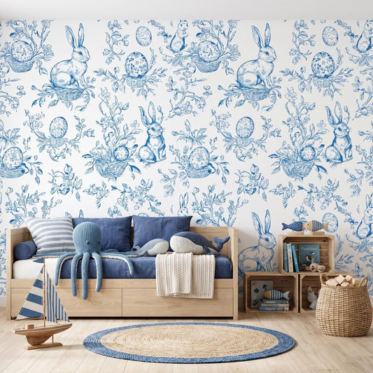 Blue Bunny Toile Wallpaper, Rabbit Peel and Stick, French Country Nursery Wall Decor-WP0012