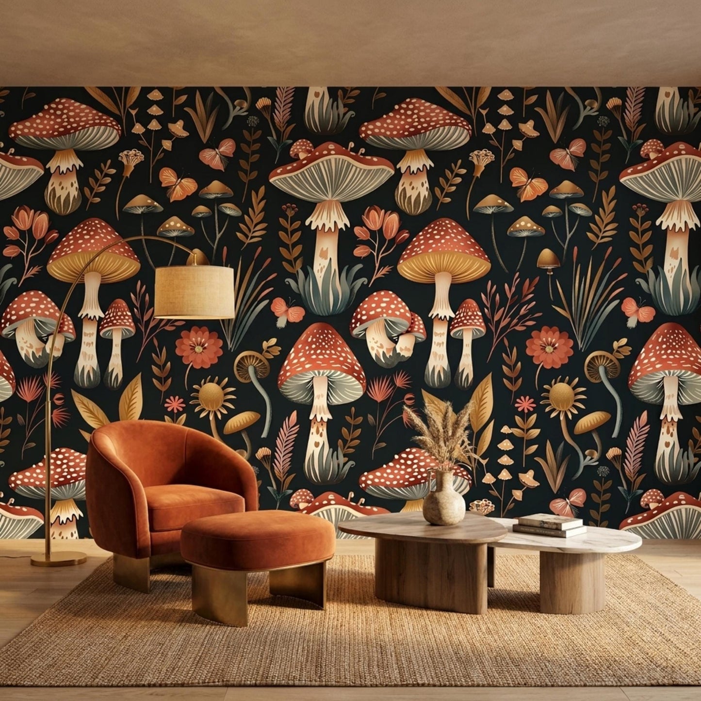 Dark Moody Mushroom Wallpaper, Red Amanita Botanical Peel and Stick-WP0020