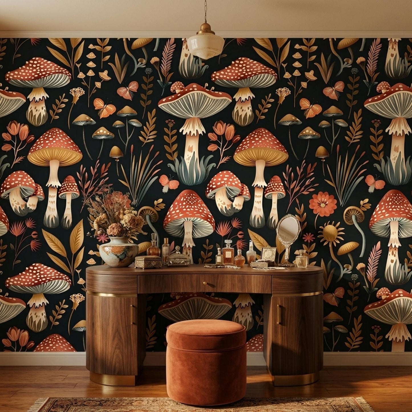 Dark Moody Mushroom Wallpaper, Red Amanita Botanical Peel and Stick-WP0020