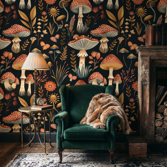 Dark Moody Mushroom Wallpaper, Red Amanita Botanical Peel and Stick-WP0020