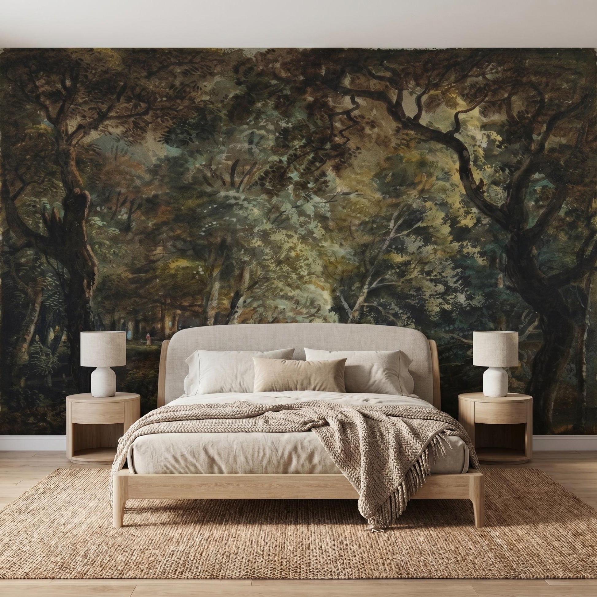 Moody Forest Wallpaper | Dark Woodland Mural | Vintage Nature Peel and Stick | Dark Academia Decor-WP0009