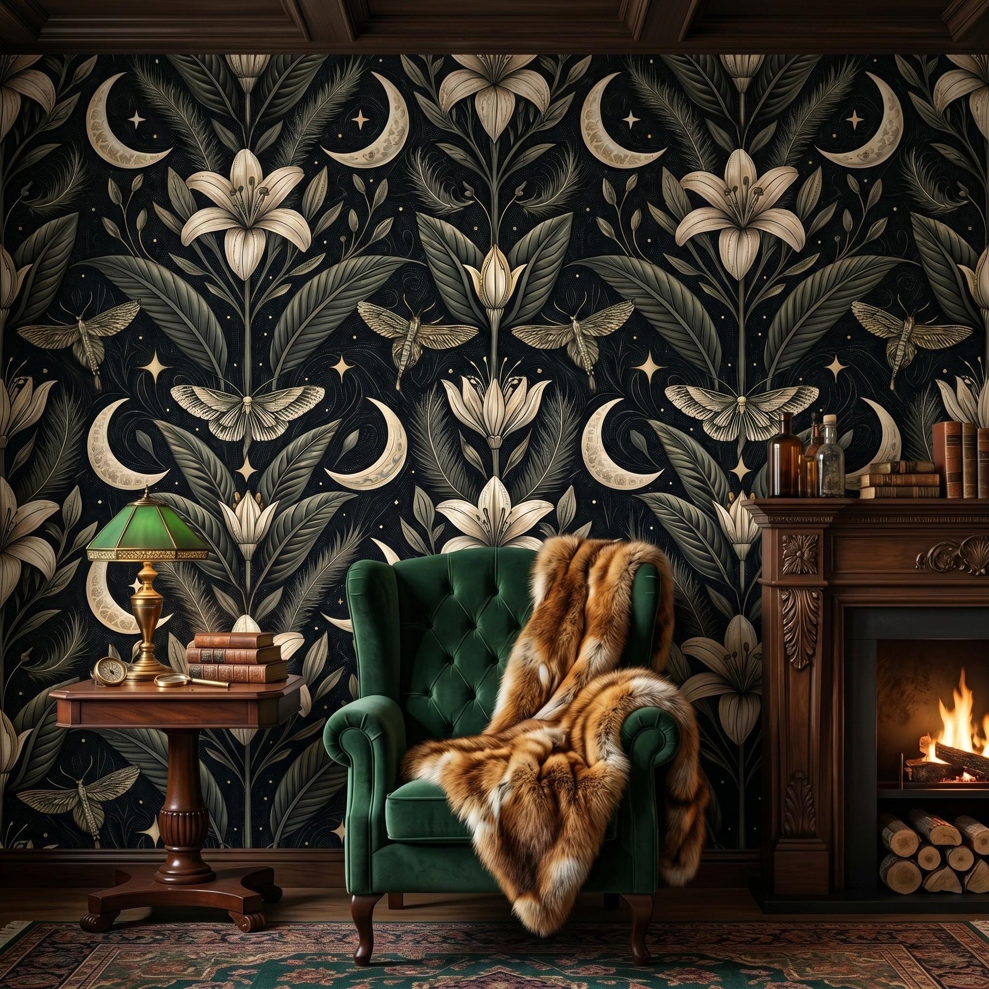 Dark Academia Botanical Moth Moon Wallpaper, Celestial Lilies Floral Wall Decor-WP0019