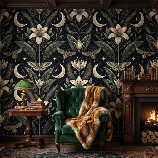 Dark Academia Botanical Moth Moon Wallpaper, Celestial Lilies Floral Wall Decor-WP0019