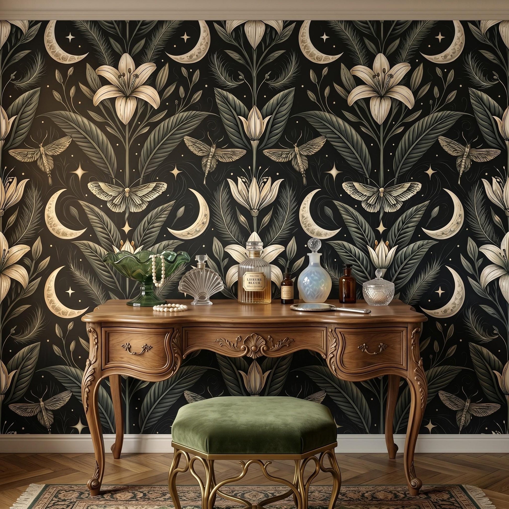 Dark Academia Botanical Moth Moon Wallpaper, Celestial Lilies Floral Wall Decor-WP0019