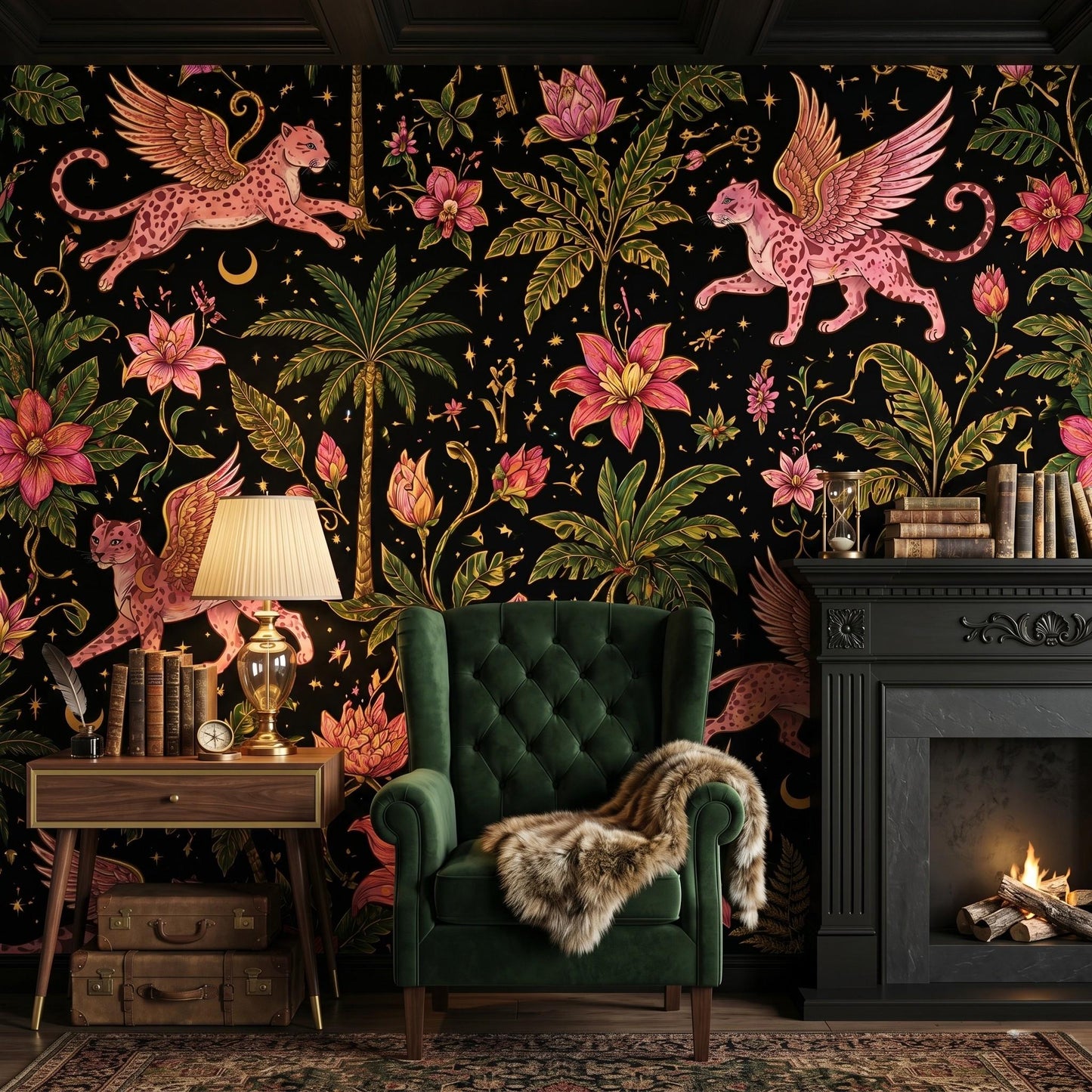 Maximalist Jungle Panther Wallpaper, Whimsigoth Celestial Tropical Mural-WP0043