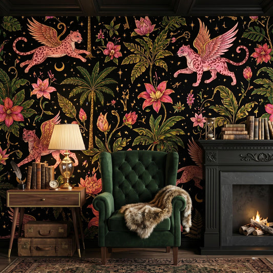 Maximalist Jungle Panther Wallpaper, Whimsigoth Celestial Tropical Mural-WP0043