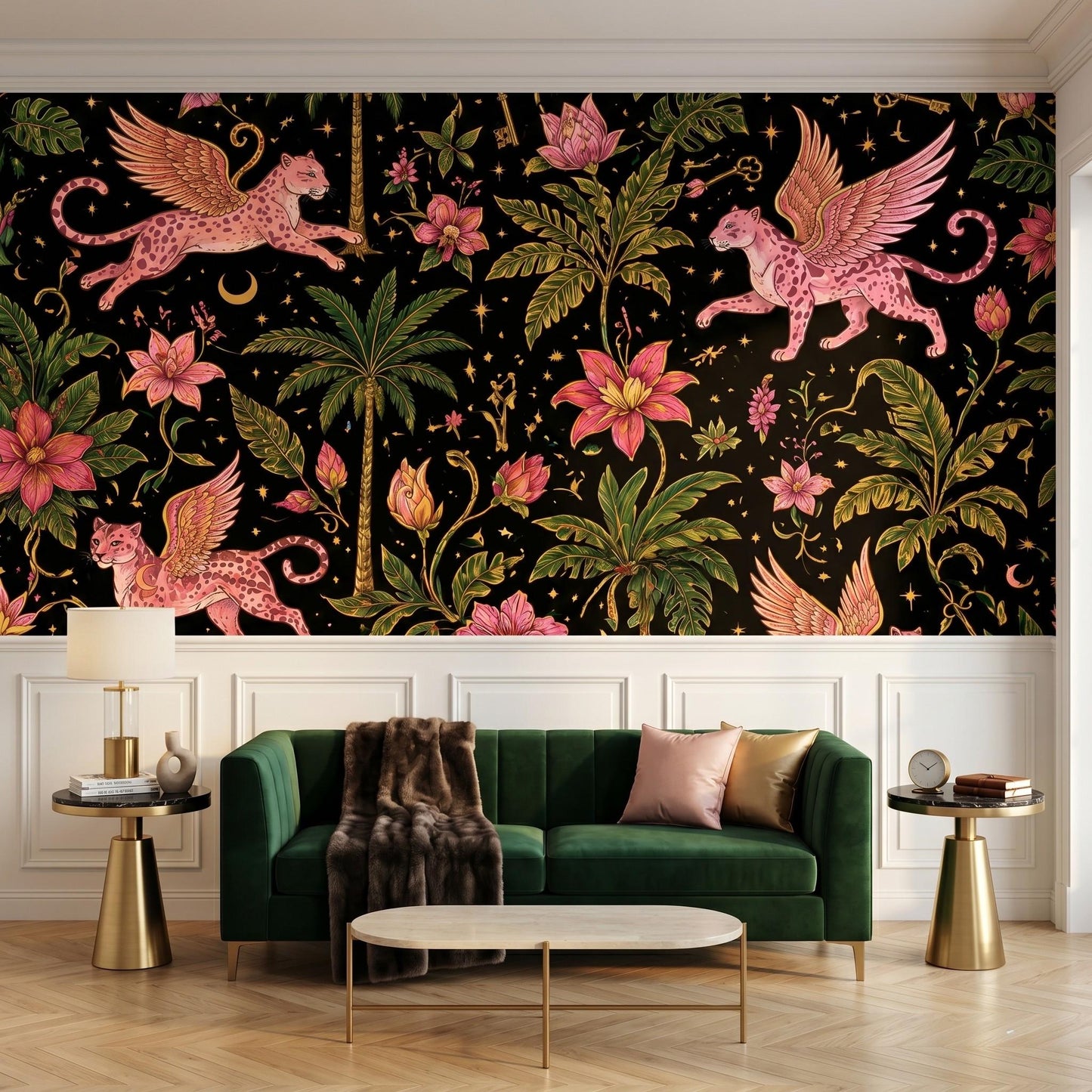 Maximalist Jungle Panther Wallpaper, Whimsigoth Celestial Tropical Mural-WP0043