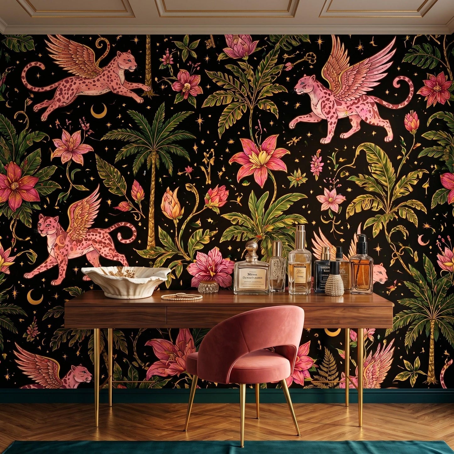 Maximalist Jungle Panther Wallpaper, Whimsigoth Celestial Tropical Mural-WP0043