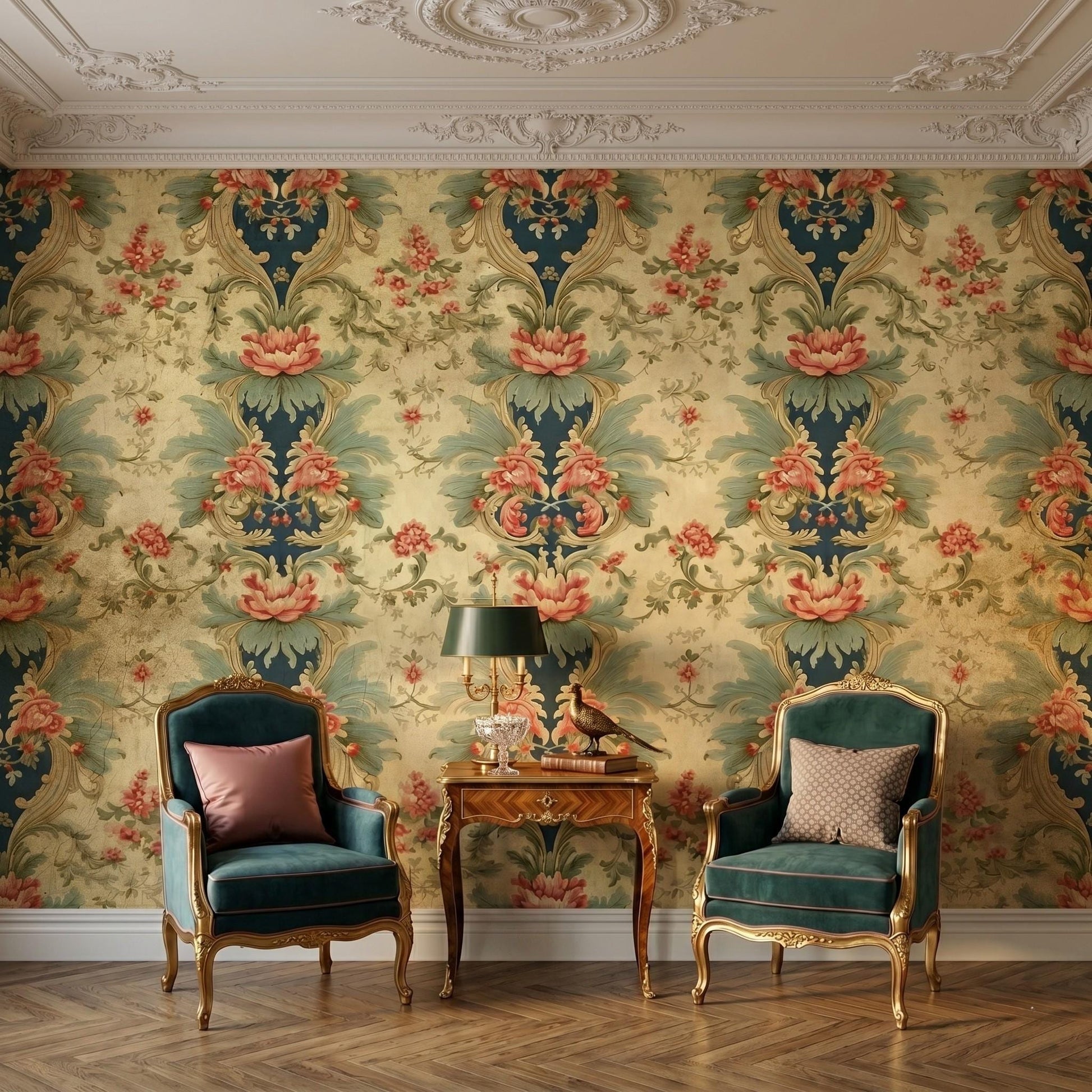 Peel and Stick Gold Teal Baroque Floral Wallpaper, Vintage Damask Wall Decor-WP0045
