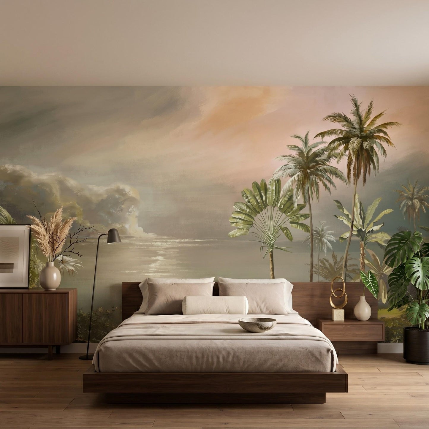 Beige Tropical Landscape Wallpaper Peel and Stick, Vintage Coastal Palm Mural-WP0046