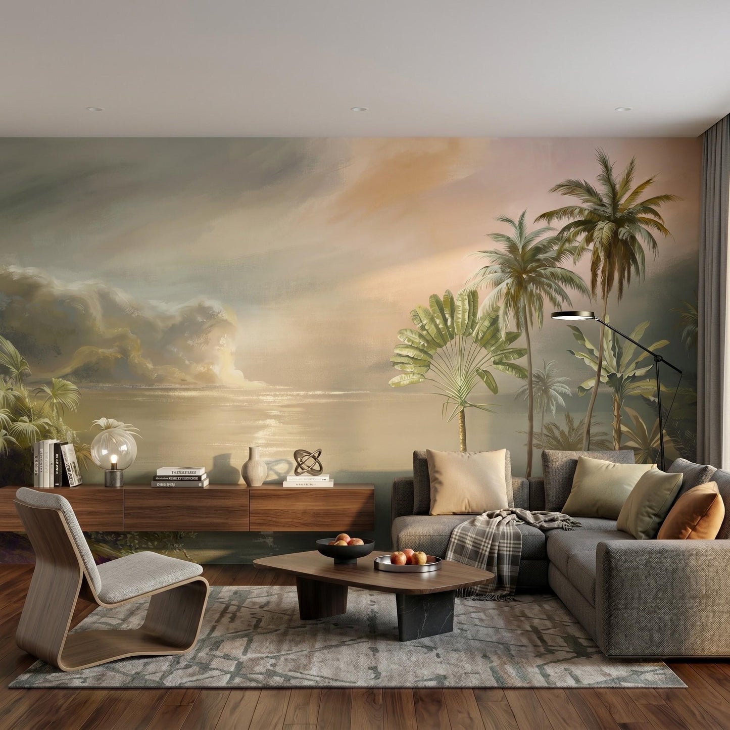 Beige Tropical Landscape Wallpaper Peel and Stick, Vintage Coastal Palm Mural-WP0046