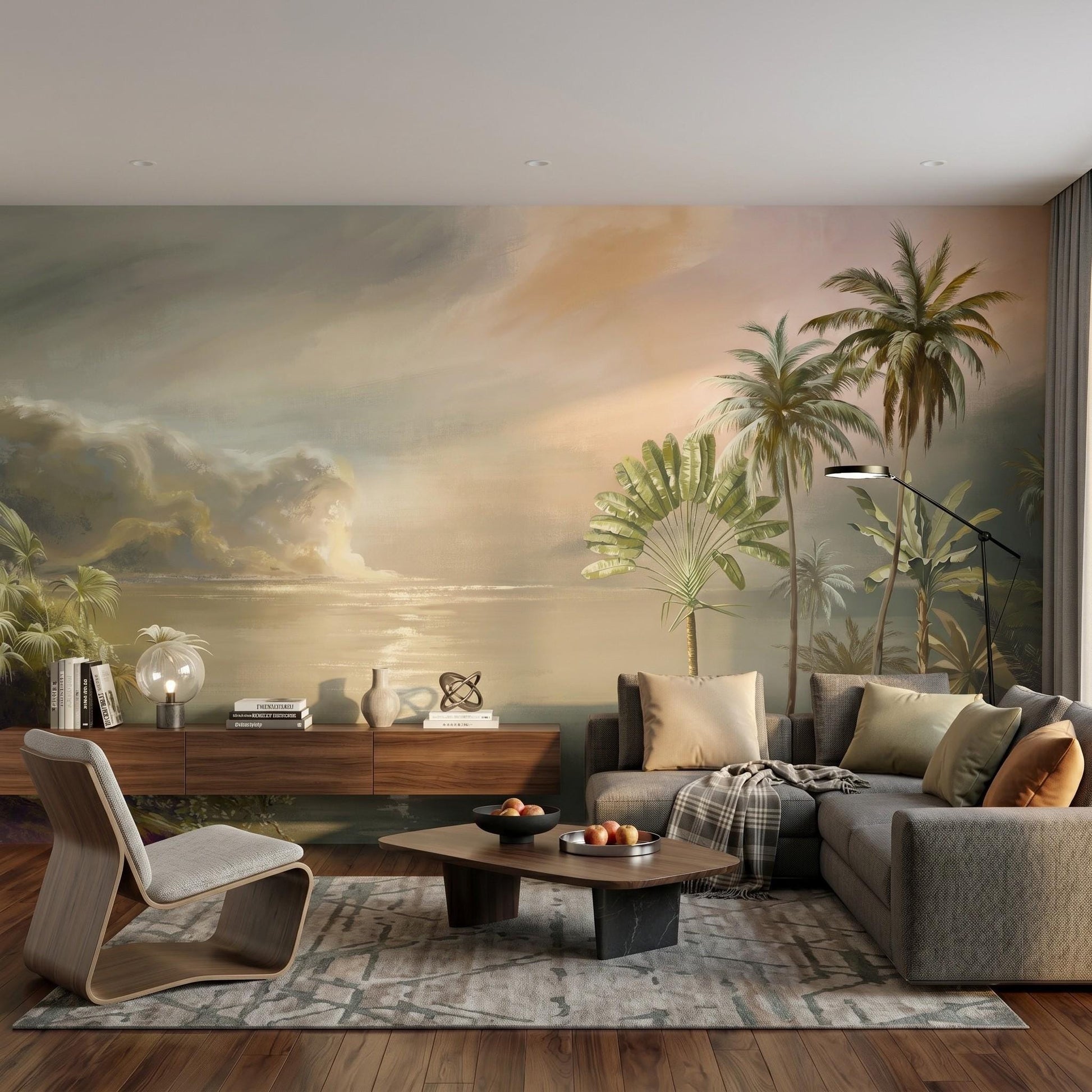 Beige Tropical Landscape Wallpaper Peel and Stick, Vintage Coastal Palm Mural-WP0046