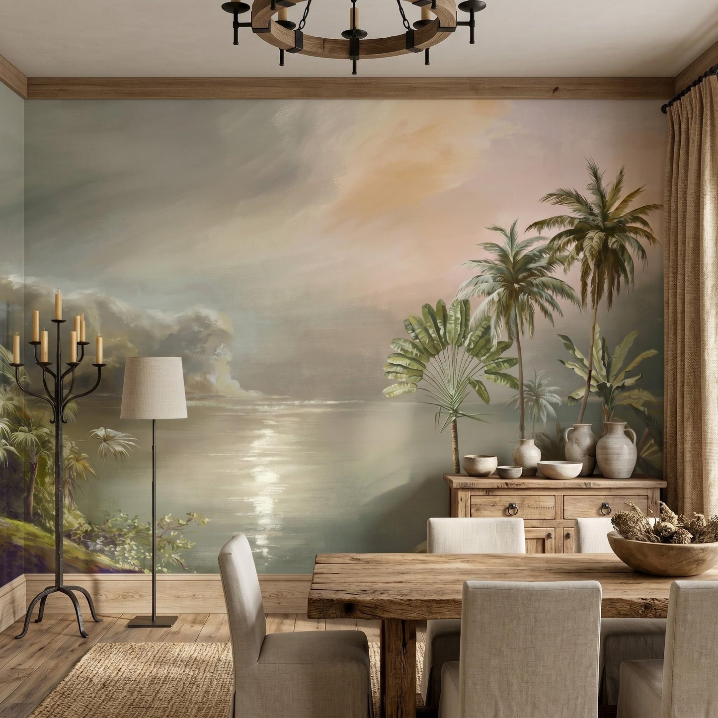 Beige Tropical Landscape Wallpaper Peel and Stick, Vintage Coastal Palm Mural-WP0046