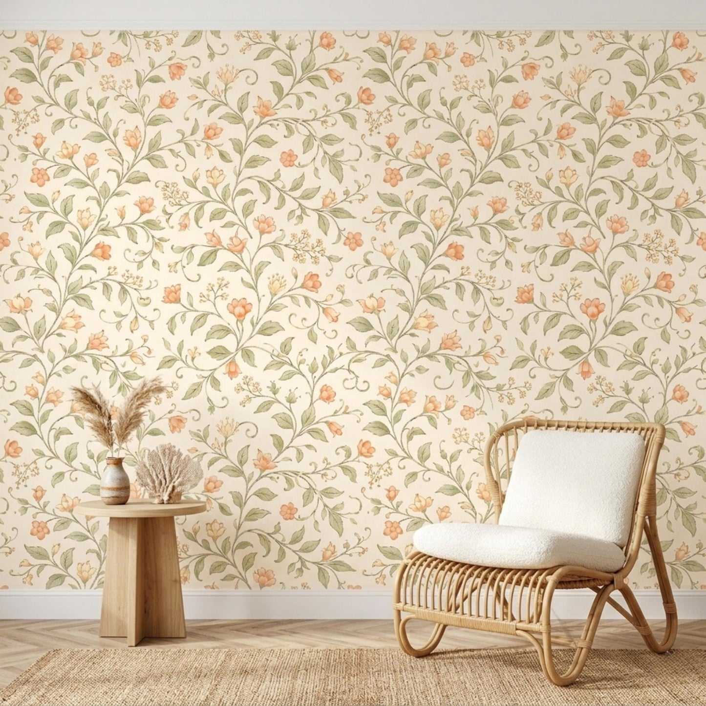 William Morris Floral Wallpaper, Cream Peach Botanical Mural, Sage Green Cottagecore Decor-WP0047