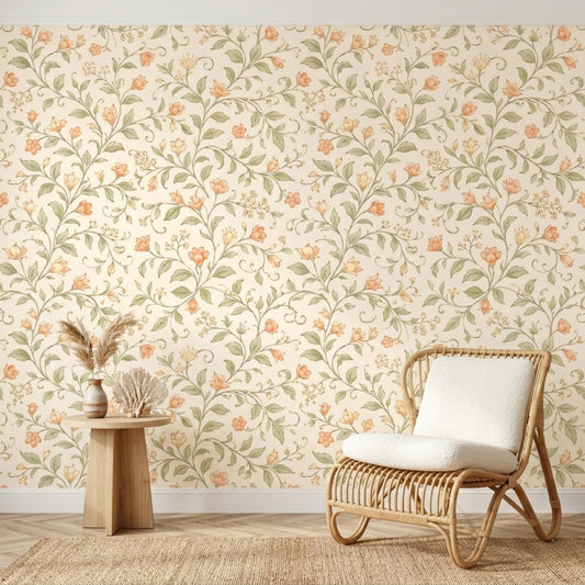 William Morris Floral Wallpaper, Cream Peach Botanical Mural, Sage Green Cottagecore Decor-WP0047