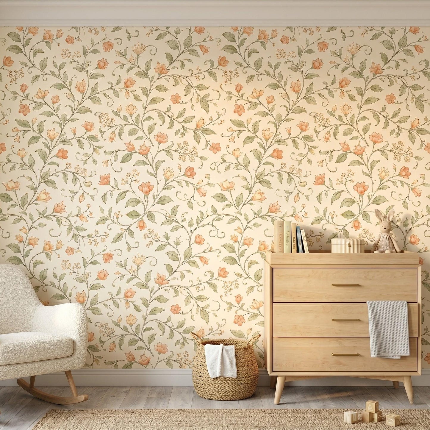 William Morris Floral Wallpaper, Cream Peach Botanical Mural, Sage Green Cottagecore Decor-WP0047