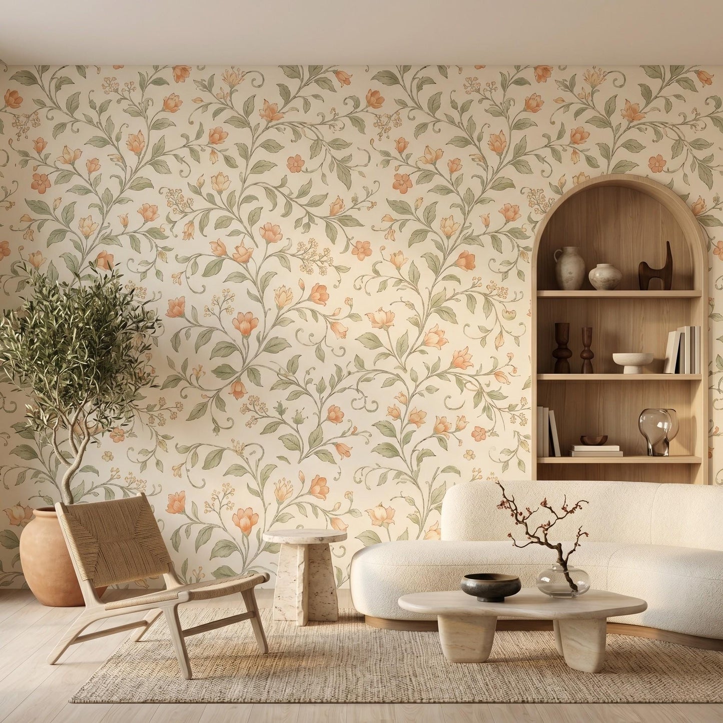 William Morris Floral Wallpaper, Cream Peach Botanical Mural, Sage Green Cottagecore Decor-WP0047