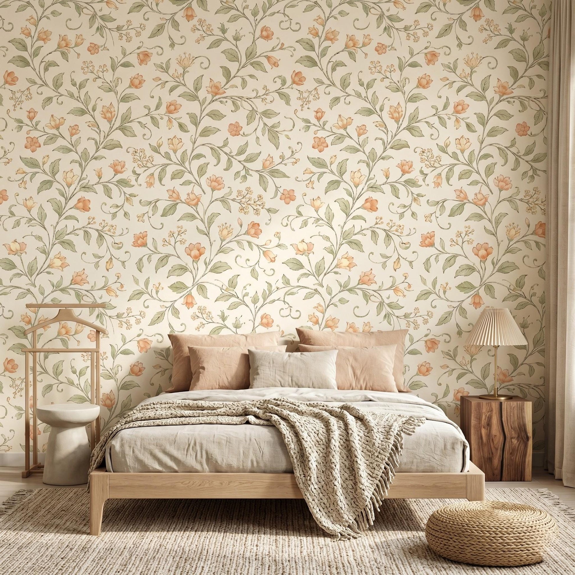 William Morris Floral Wallpaper, Cream Peach Botanical Mural, Sage Green Cottagecore Decor-WP0047