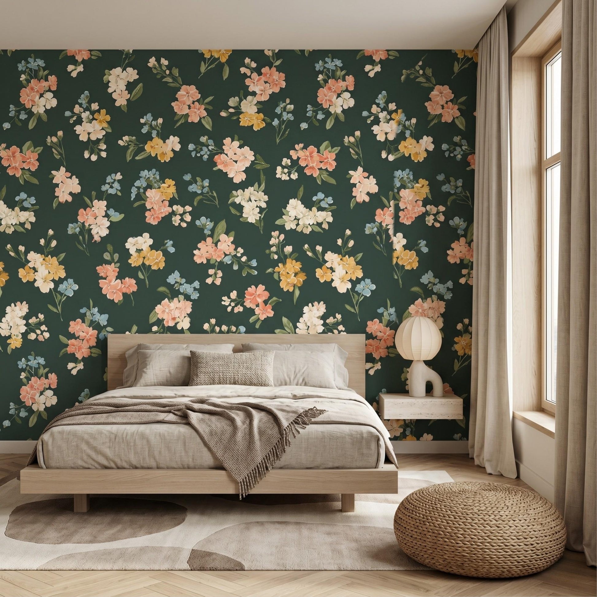 Dark Forest Green Wildflower Wallpaper, Moody Botanical Cottagecore Mural Peel and Stick-WP0048