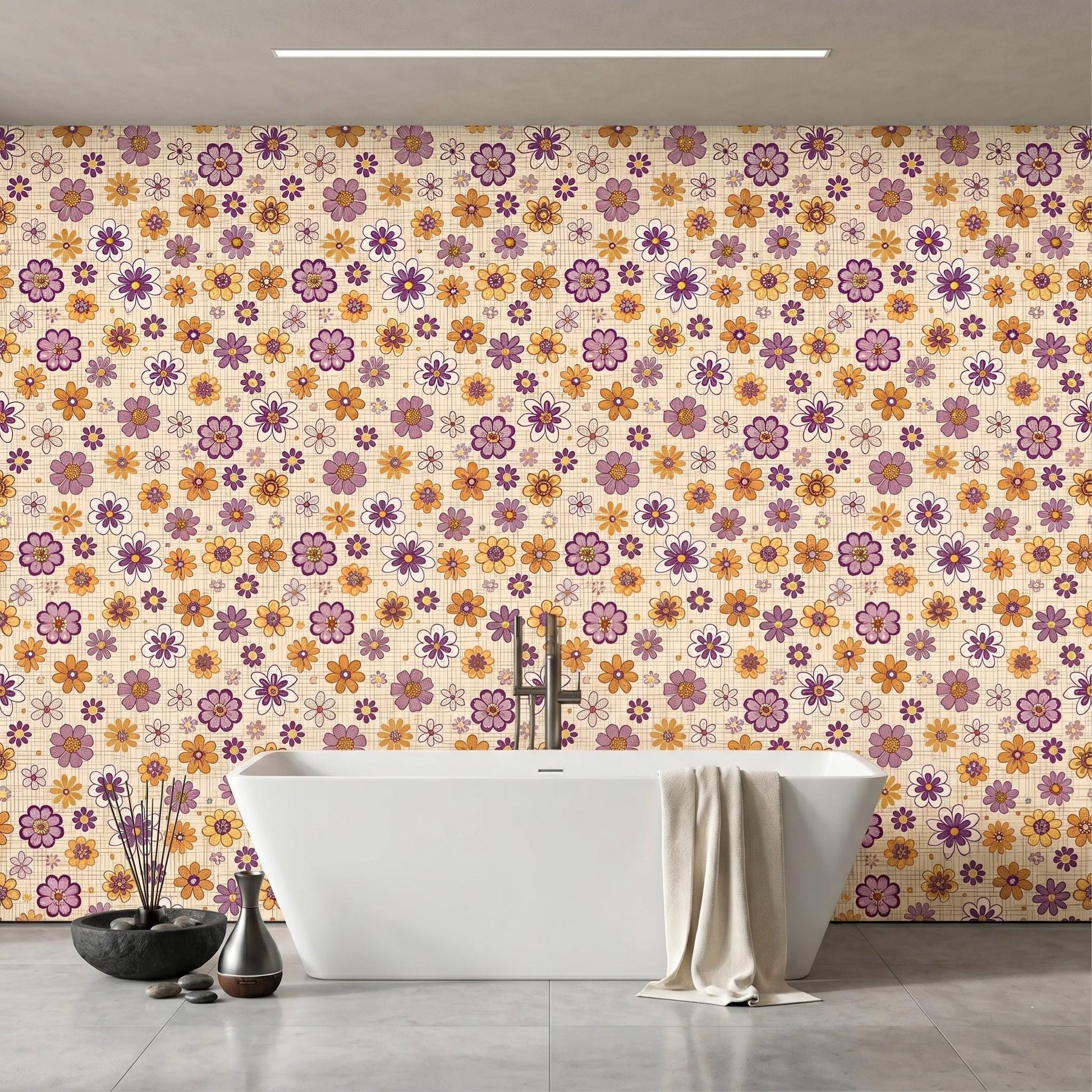 Mustard Yellow 70s Floral Wallpaper, Retro Groovy Flower Power Accent Wall Mural-WP0049