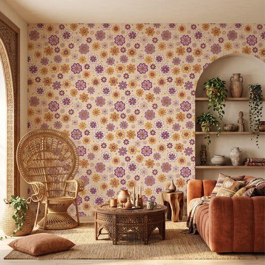 Mustard Yellow 70s Floral Wallpaper, Retro Groovy Flower Power Accent Wall Mural-WP0049
