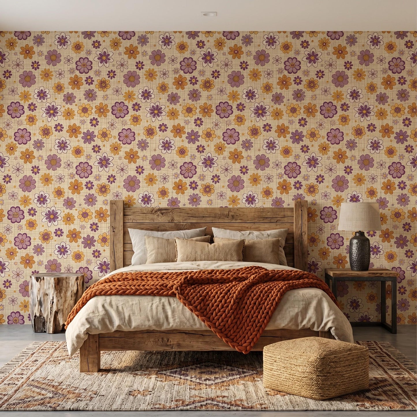 Mustard Yellow 70s Floral Wallpaper, Retro Groovy Flower Power Accent Wall Mural-WP0049