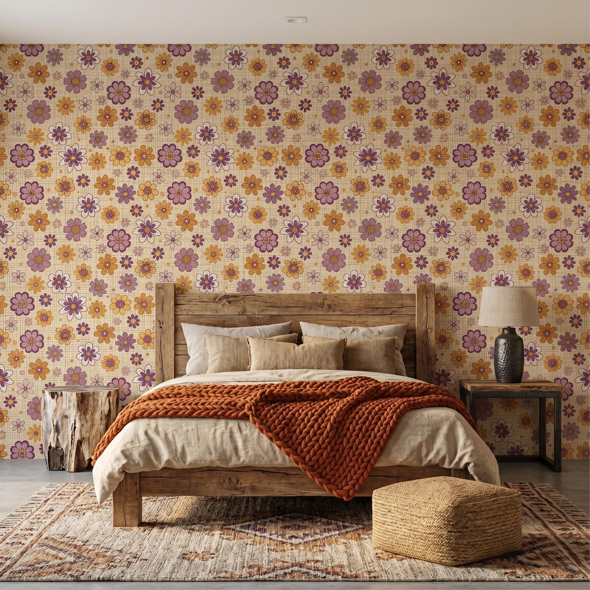 Mustard Yellow 70s Floral Wallpaper, Retro Groovy Flower Power Accent Wall Mural-WP0049