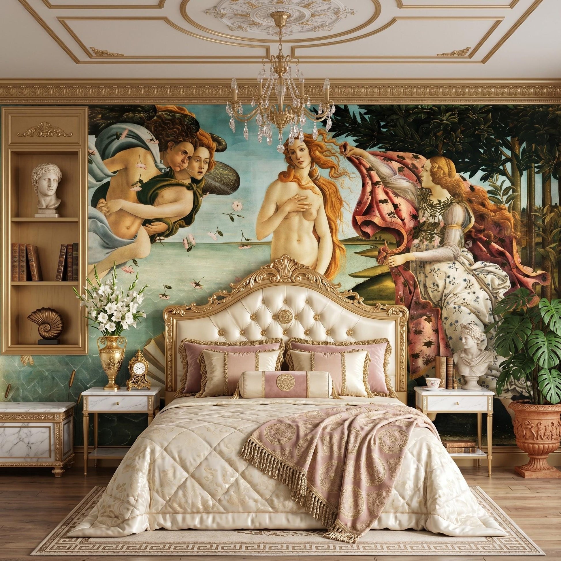 Renaissance Birth of Venus Teal Gold Wall Mural, Dark Academia Museum Accent Wall-WP0050