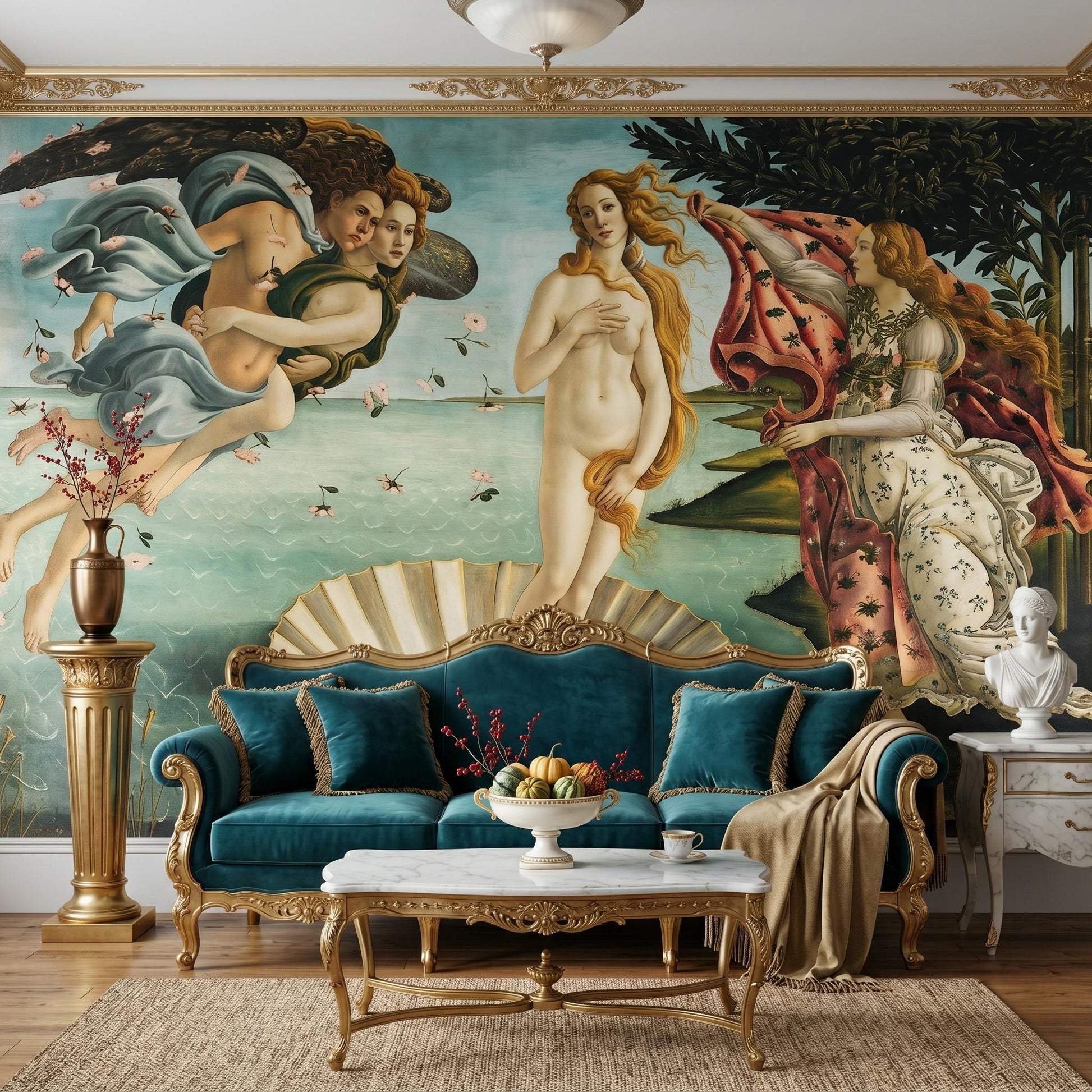 Renaissance Birth of Venus Teal Gold Wall Mural, Dark Academia Museum Accent Wall-WP0050