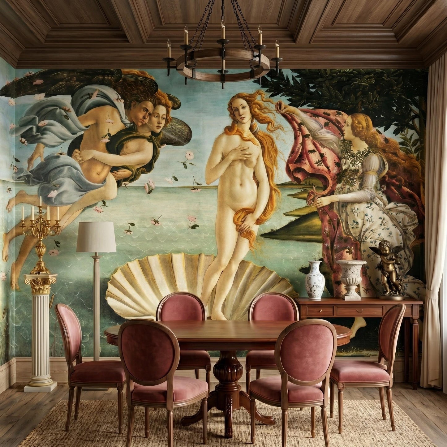 Renaissance Birth of Venus Teal Gold Wall Mural, Dark Academia Museum Accent Wall-WP0050