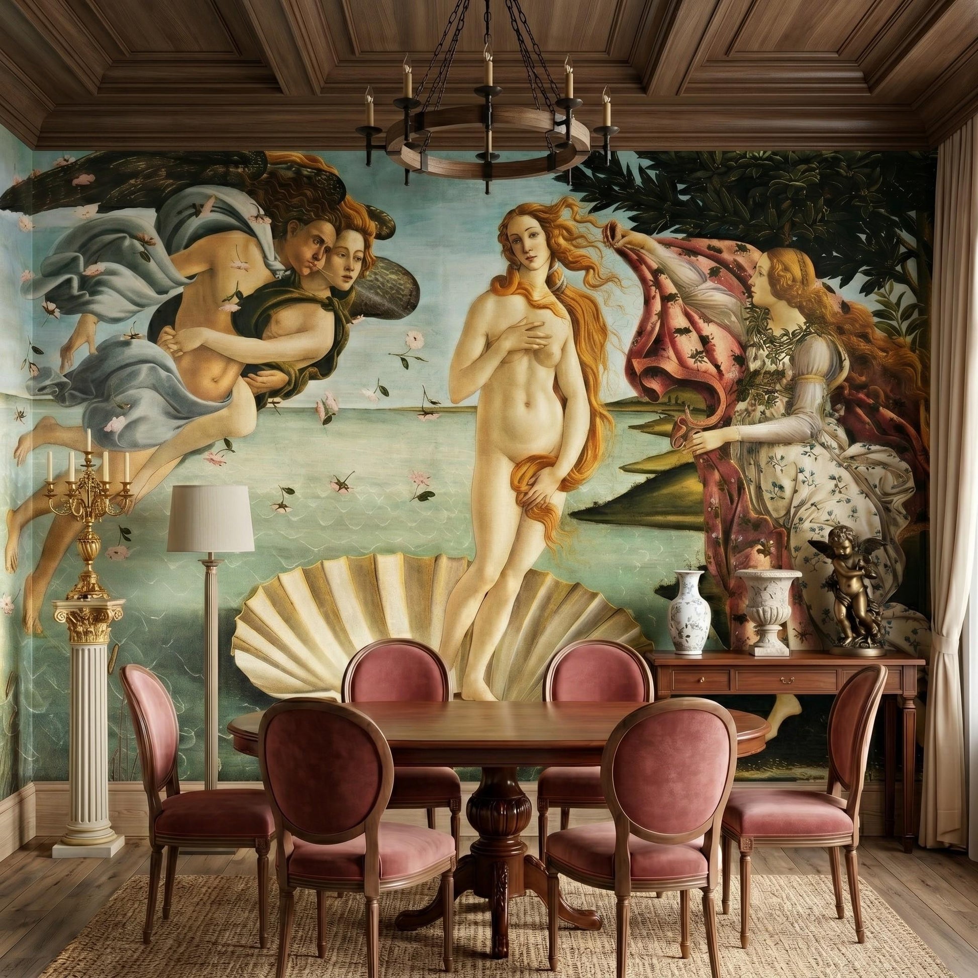 Renaissance Birth of Venus Teal Gold Wall Mural, Dark Academia Museum Accent Wall-WP0050