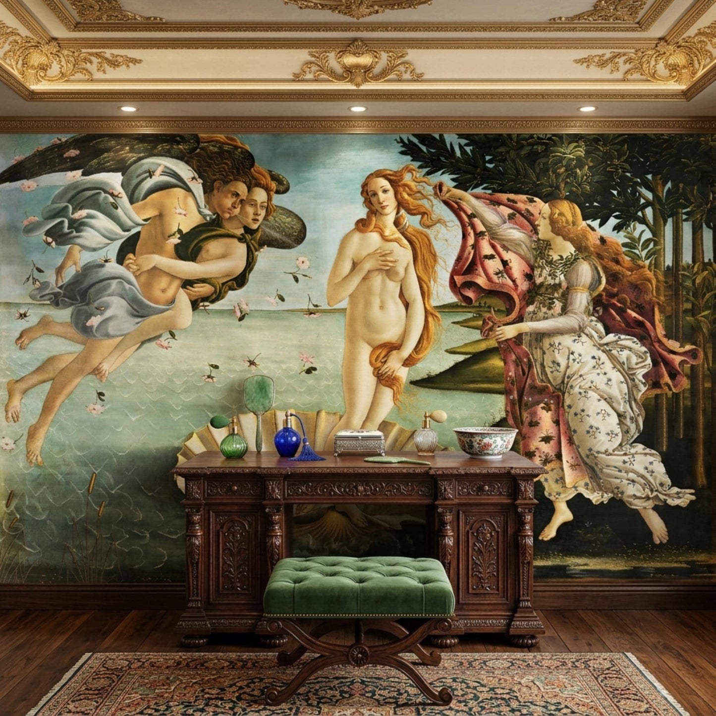 Renaissance Birth of Venus Teal Gold Wall Mural, Dark Academia Museum Accent Wall-WP0050