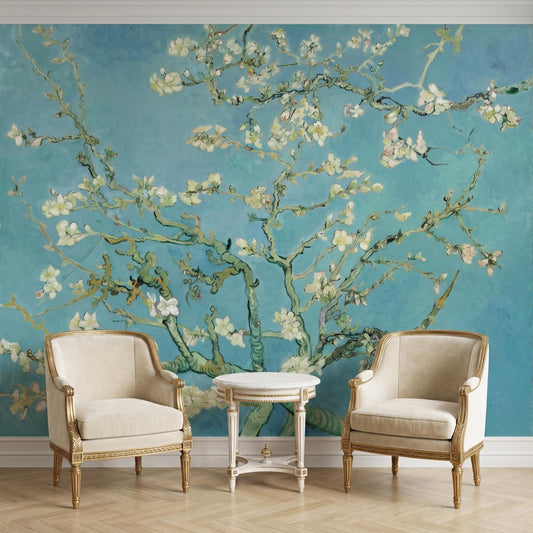 Almond Blossom Wallpaper – Teal Floral Wall Mural