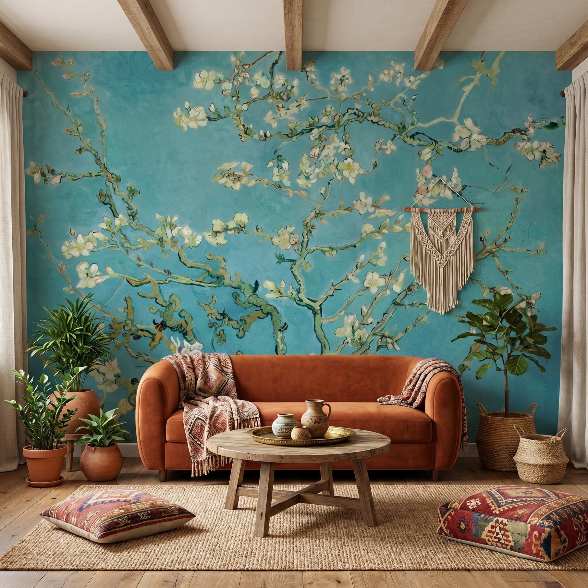 Almond Blossom Wallpaper – Teal Floral Wall Mural – Peel and Stick Fine Art Decor-WP0006