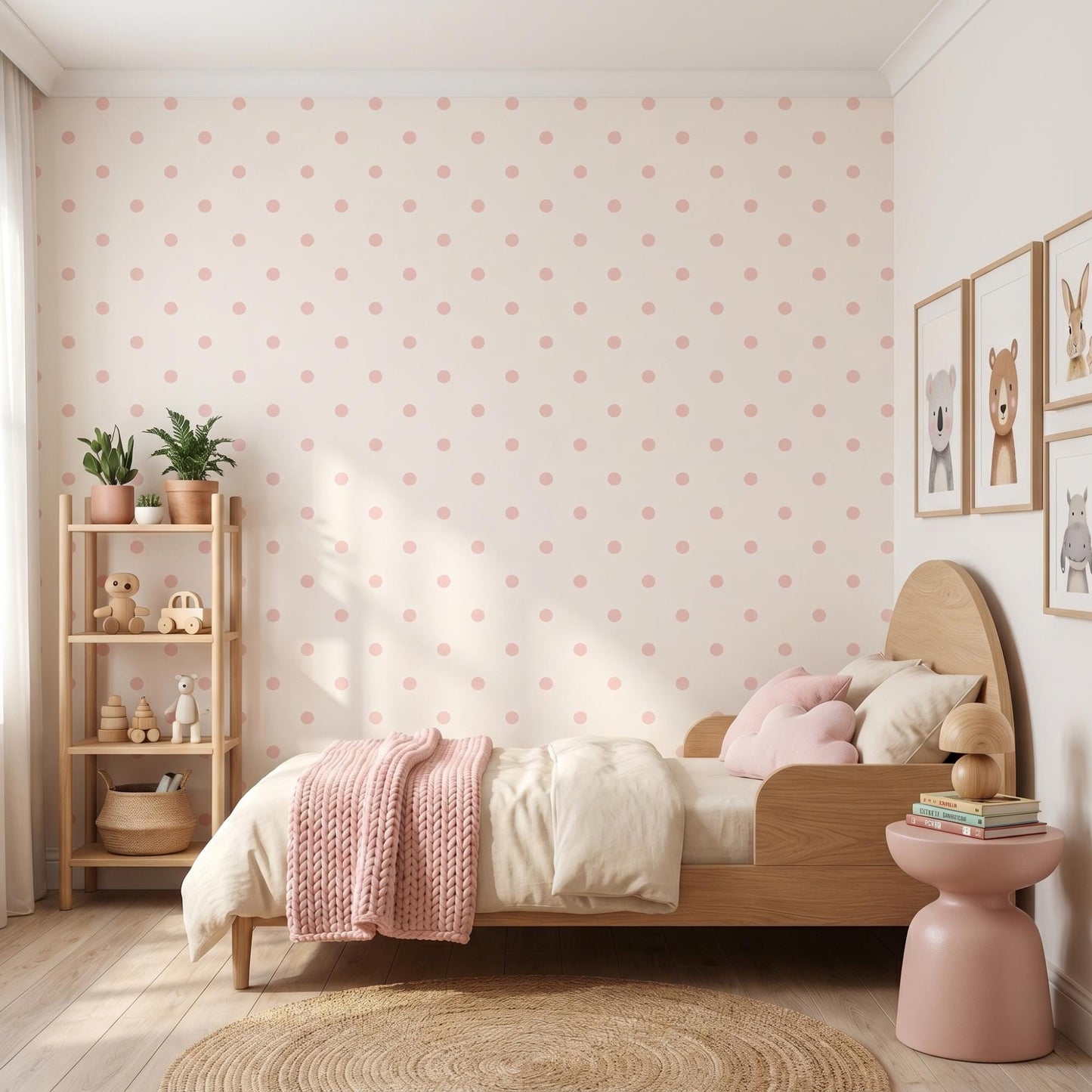 Pink Polka Dot Wallpaper – Minimalist Nursery Wall Mural – Peel and Stick Kids Room Decor-WP005