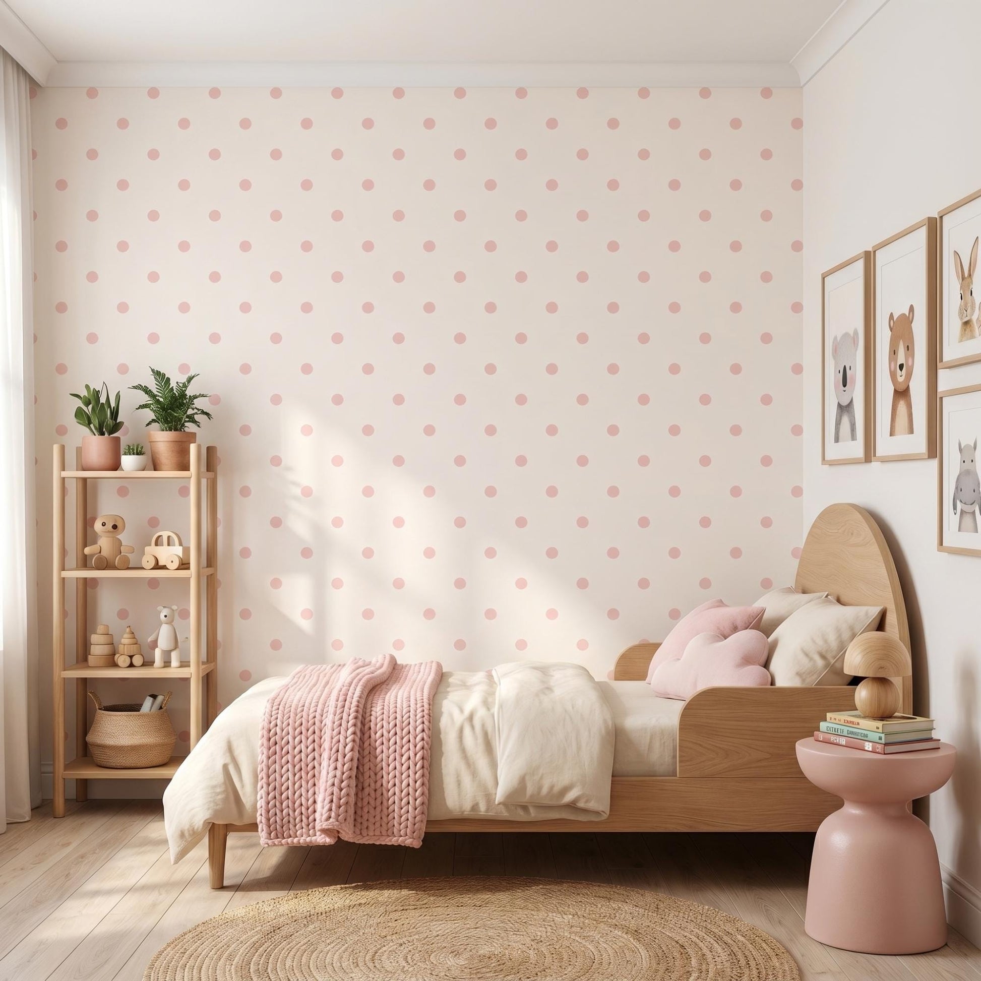 Pink Polka Dot Wallpaper – Minimalist Nursery Wall Mural – Peel and Stick Kids Room Decor-WP005